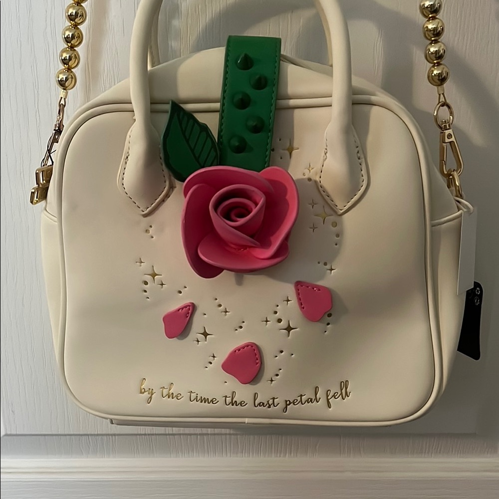 Mini Cream and Pink Rose Embellished Bag